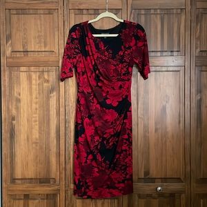 CONNECTED APPAREL Dress With Red Flowers on Black, 3/4 Sleeves